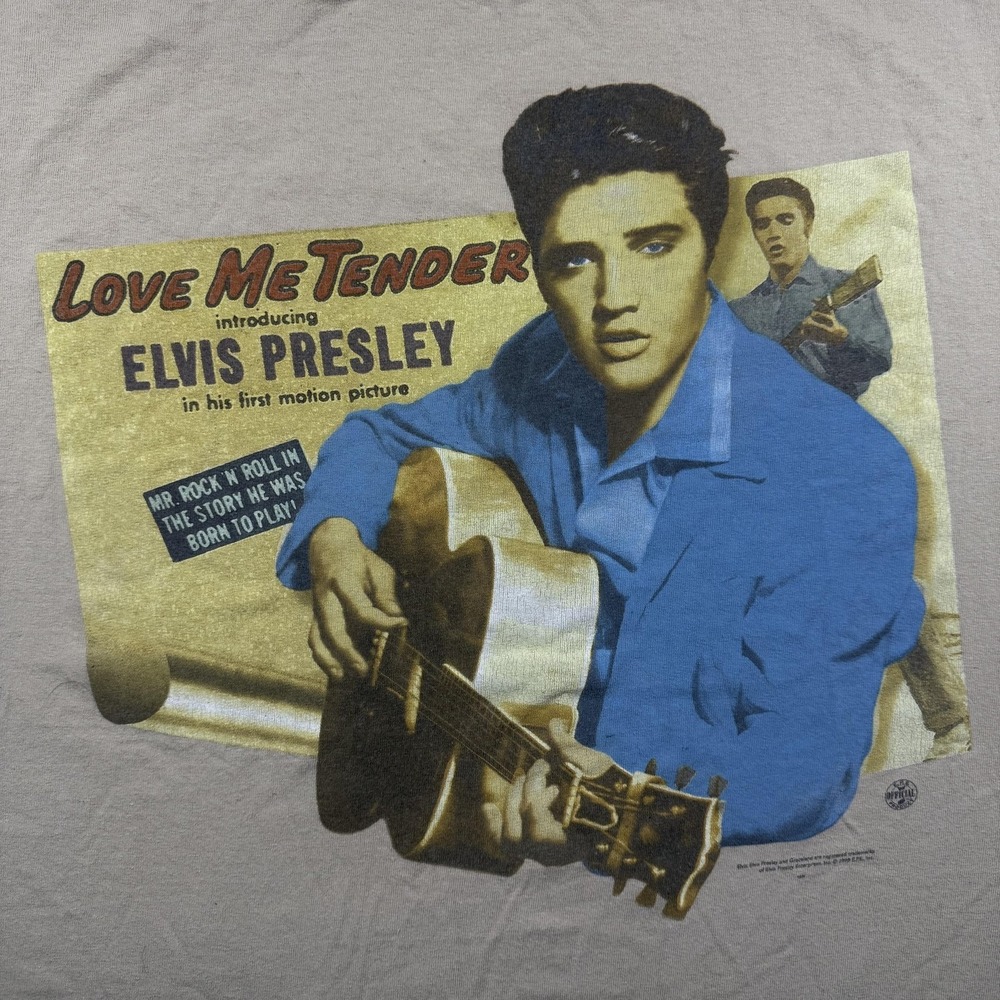 Vintage Elvis Presley Shirt Mens XL Beige Love Me‎ Tender Graphic 90s Alstyle